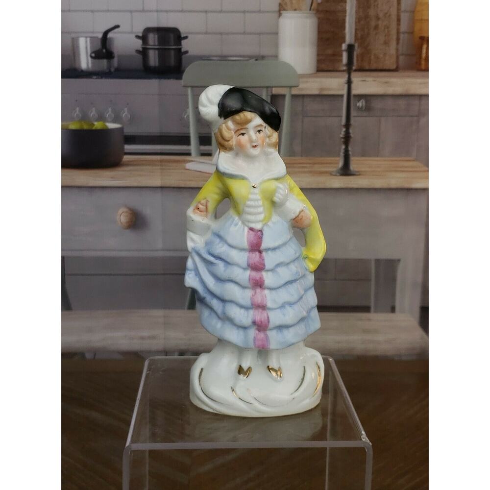 6" Porcelain Figurine Colonial Man Victorian Hand Painted Blue Yellow Pink Japan